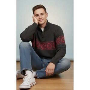 Eddie Bauer Sweater Mens Large Navy Red Fair Isle‎ 1/4 Zip Casual Classic Y2K